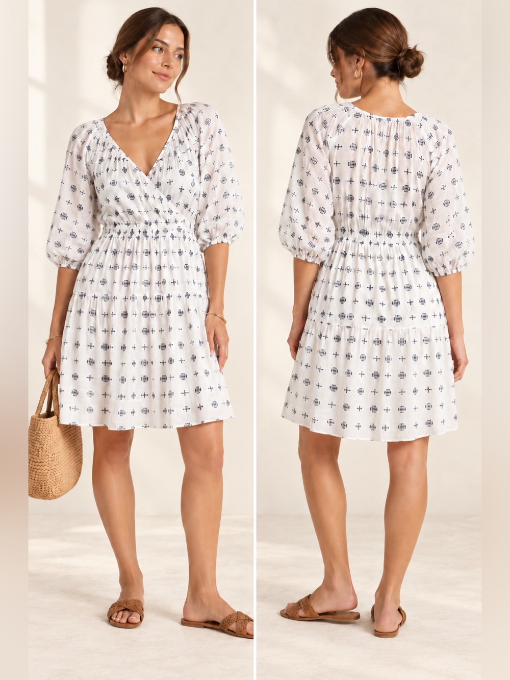Anthropologie | Marcie Surplice Embroidered Puff Sleeve Dress White - Size Small